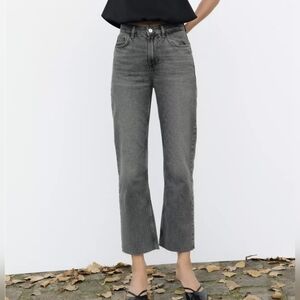 Zara Women's Denim High Waist Straight Leg Unfinished Hem Jeans, Gray, Size 2